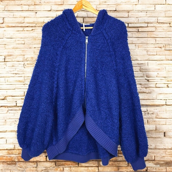 Free People Furry Time Oversized Hooded Zip Up Cozy Sweater Jacket Blue  L - Picture 4 of 15